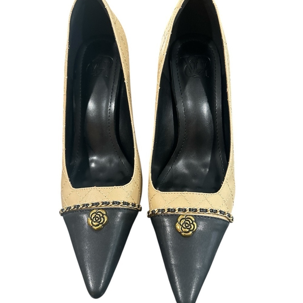 Two-Tone Quilted Pointed-Toe Heels with Gold Detail